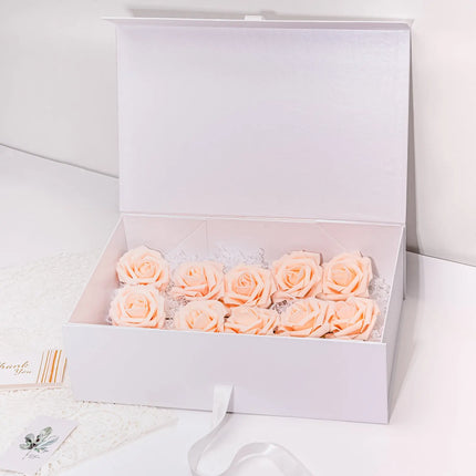 14" x 9" x 4.3" Collapsible Gift Box w/ Satin Ribbon & Magnetic Square Flap Lid - White LaRibbons and Crafts