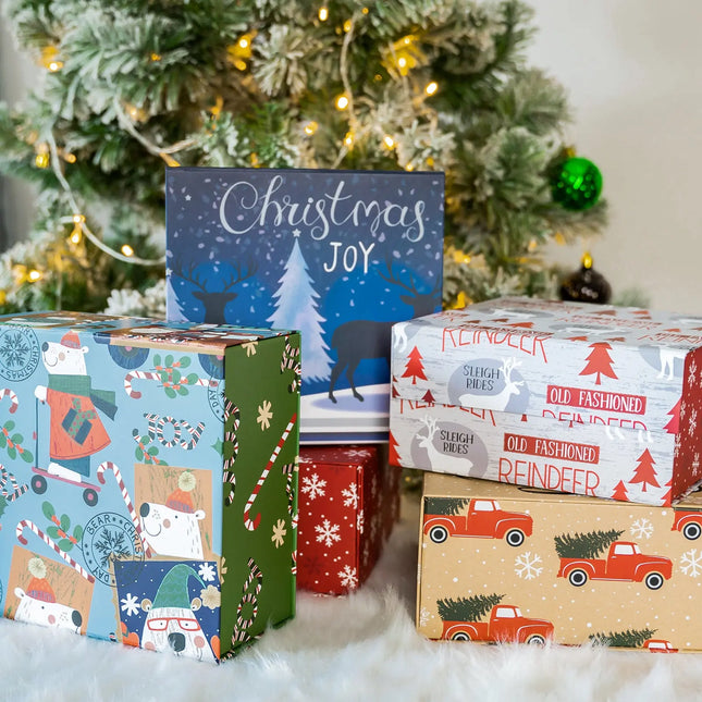 8" x 8" x 4" Collapsable Holiday Gift Box w/ 2-pcs White Tissue Paper & Magnetic Square Flap Lid | Red Truck And Christmas Tree LaRibbons and Crafts