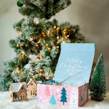 8" x 8" x 4" Collapsable Holiday Gift Box w/ 2-pcs White Tissue Paper & Magnetic Square Flap Lid | Pink And Blue Christmas Ornaments LaRibbons and Crafts