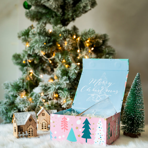 8" x 8" x 4" Collapsable Holiday Gift Box w/ 2-pcs White Tissue Paper & Magnetic Square Flap Lid | Pink And Blue Christmas Ornaments