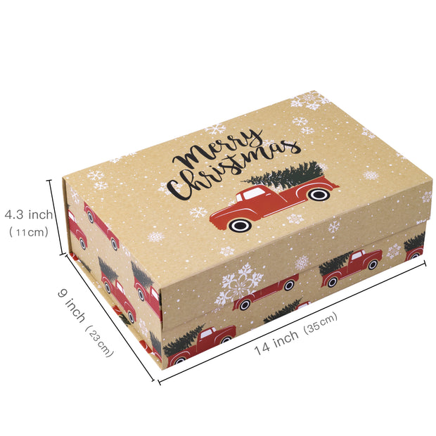 14" x 9" x 4.3" Red Truck with Christmas Tree Holiday Gift Box with Lid and 2 Pcs Tissue Paper