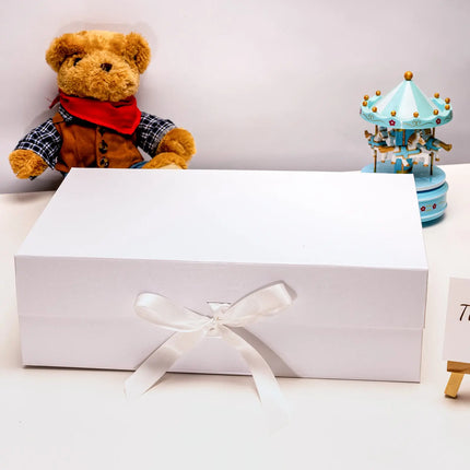 14" x 9" x 4.3" Collapsible Gift Box w/ Satin Ribbon & Magnetic Square Flap Lid - White LaRibbons and Crafts