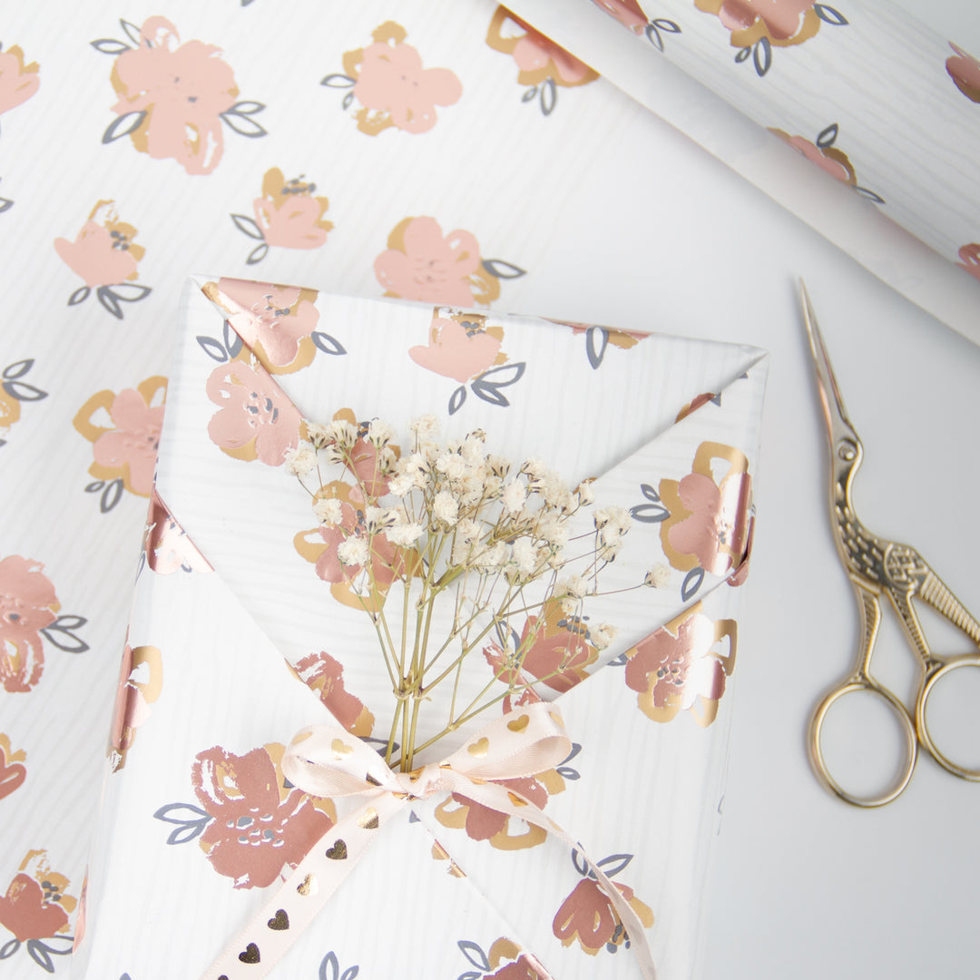 30" x 16' Floral Wrapping Paper | Pink/Gold