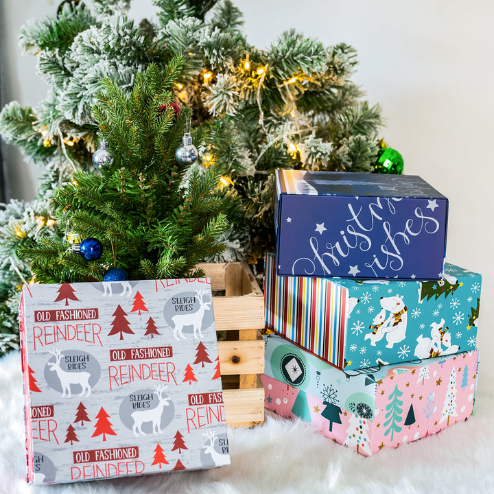 8" x 8" x 4" Collapsable Holiday Gift Box w/ 2-pcs White Tissue Paper & Magnetic Square Flap Lid | Pink And Blue Christmas Ornaments