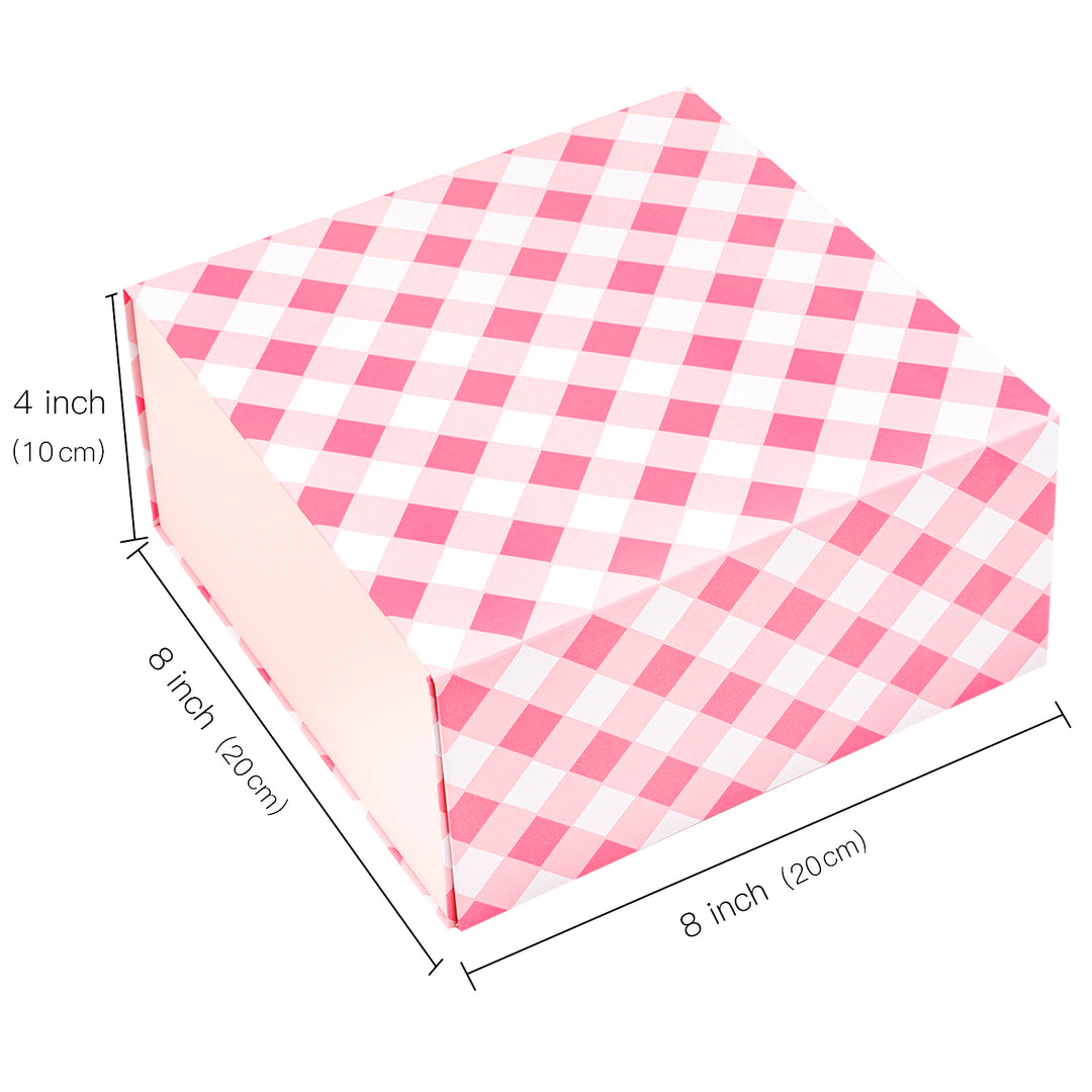 8" x 8" x 4" Light Pink and White Plaid Collapsible Magnetic Gift Box - 2 Pcs Tissue Paper