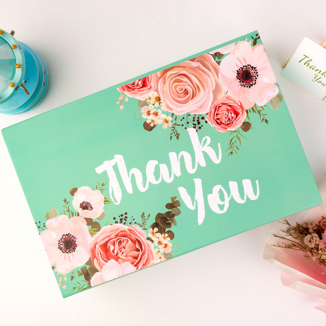 14" x 9" x 4.3"  Floral Thank You Collapsible Magnetic Gift Box - 2 Pcs Tissue Paper