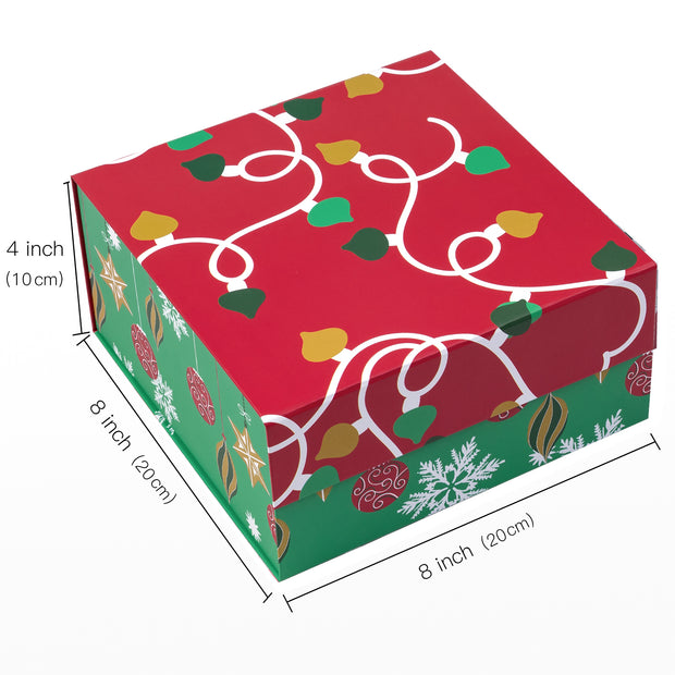 8" x 8" x 4" Collapsable Holiday Gift Box w/ 2-pcs White Tissue Paper & Magnetic Square Flap Lid | Red/Green Christmas Ornaments