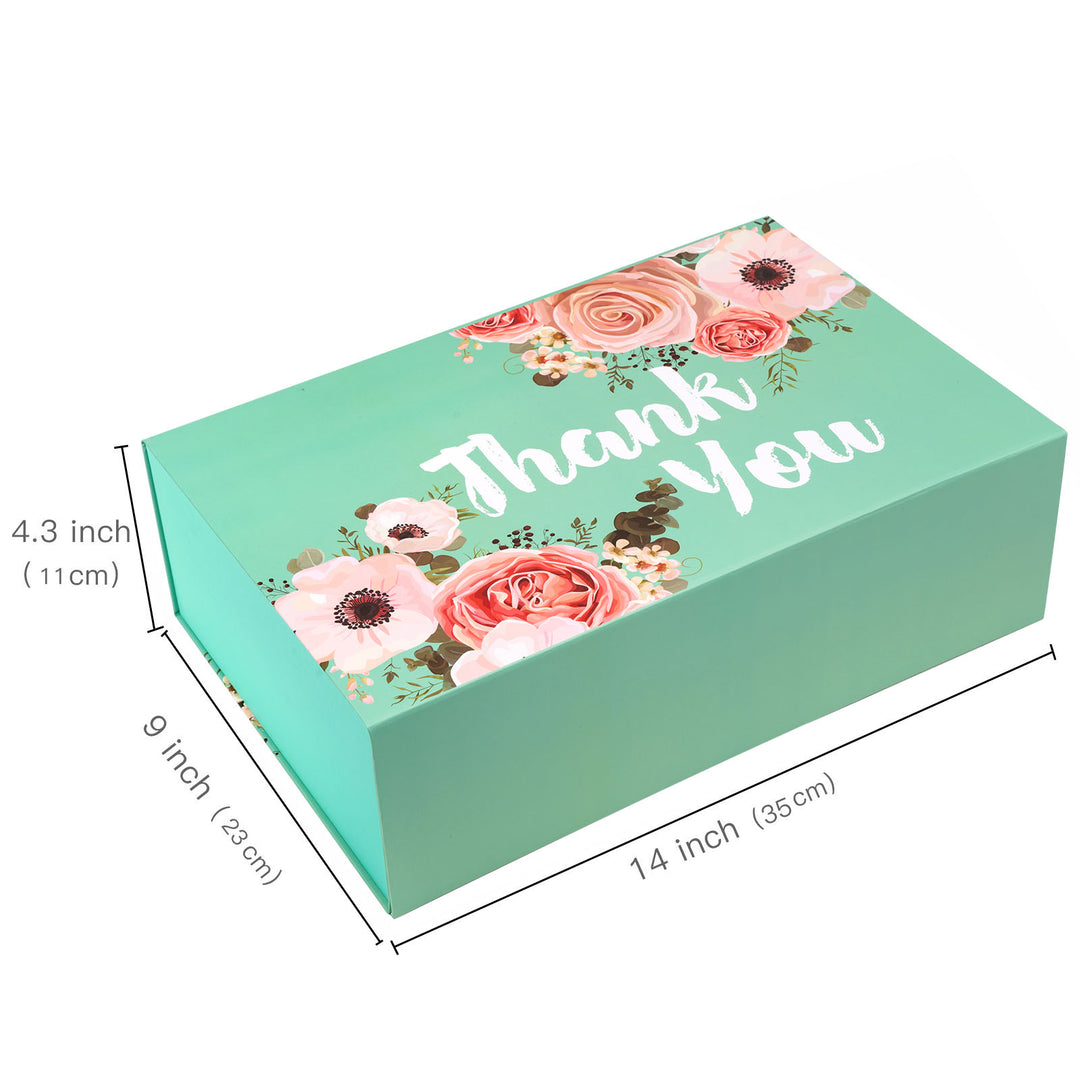 14" x 9" x 4.3"  Floral Thank You Collapsible Magnetic Gift Box - 2 Pcs Tissue Paper