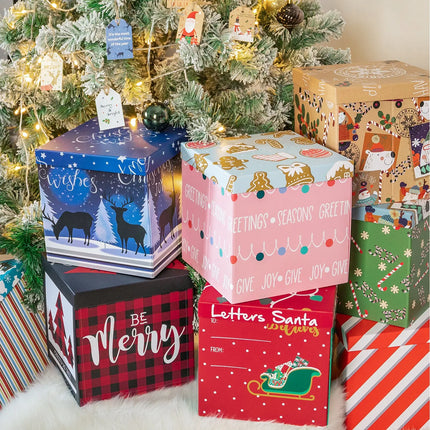 9" x 9" x 9" Collapsable Holiday Gift Box w/ 2-pcs White Tissue Paper & Removable Lid | "Christmas Ornaments" Pink/Blue LaRibbons and Crafts