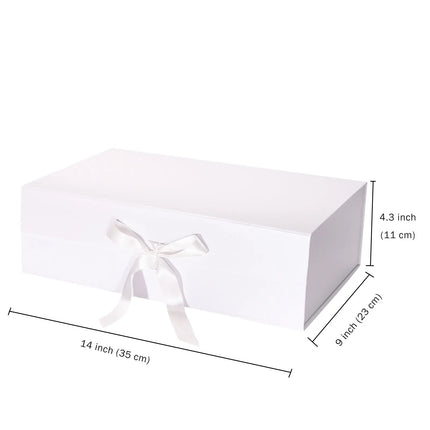 14" x 9" x 4.3" Collapsible Gift Box w/ Satin Ribbon & Magnetic Square Flap Lid - White LaRibbons and Crafts