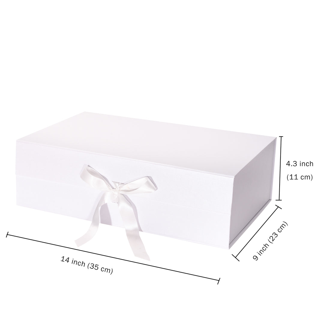 14" x 9" x 4.3" Collapsible Gift Box w/ Satin Ribbon & Magnetic Square Flap Lid - White