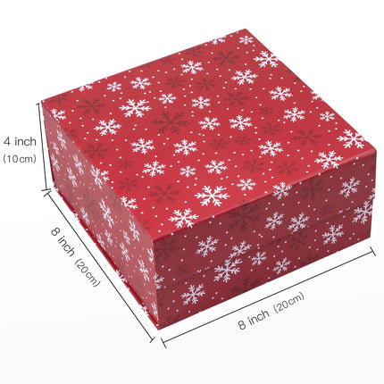 8" x 8" x 4" Collapsable Holiday Gift Box w/ 2-pcs White Tissue Paper & Magnetic Square Flap Lid | Red Snowflake LaRibbons and Crafts