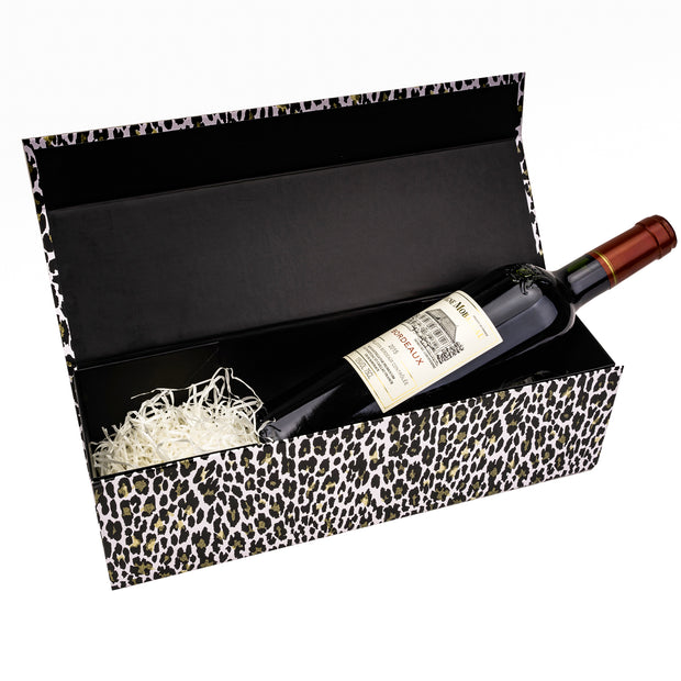 13" x 3.7" x 3.7" Glitter Leopard Collapsible Magnetic Wine Gift Box - 2 Pcs Tissue Paper