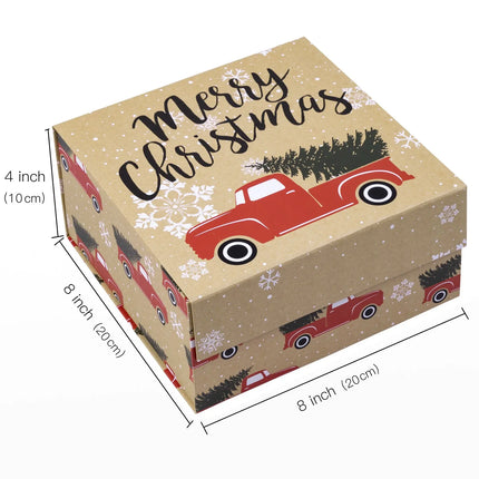 8" x 8" x 4" Collapsable Holiday Gift Box w/ 2-pcs White Tissue Paper & Magnetic Square Flap Lid | Red Truck And Christmas Tree LaRibbons and Crafts