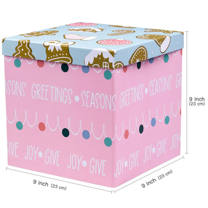 9" x 9" x 9" Collapsable Holiday Gift Box w/ 2-pcs White Tissue Paper & Removable Lid | "Christmas Ornaments" Pink/Blue LaRibbons and Crafts
