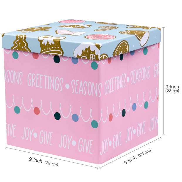 9" x 9" x 9" Pink and Blue Christmas Ornaments Holiday Gift Box with Lid and 2 Pcs Tissue Paper