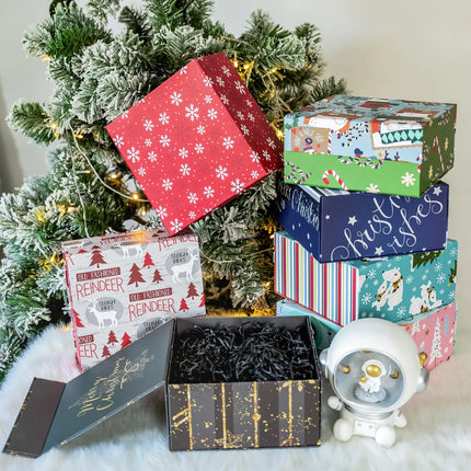 8" x 8" x 4" Collapsable Holiday Gift Box w/ 2-pcs White Tissue Paper & Magnetic Square Flap Lid | Red Snowflake LaRibbons and Crafts