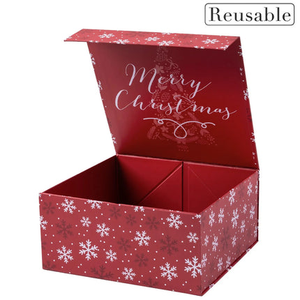 8" x 8" x 4" Collapsable Holiday Gift Box w/ 2-pcs White Tissue Paper & Magnetic Square Flap Lid | Red Snowflake LaRibbons and Crafts