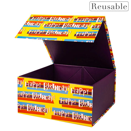 8" x 8" x 4" Colorful Happy Birthday Collapsible Magnetic Gift Box - 2 Pcs Tissue Paper LaRibbons and Crafts