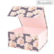 8" x 8" x 4" Collapsible Gift Box w/ 2-pcs White Tissue Paper & Magnetic Square Flap Lid | Elegant Floral