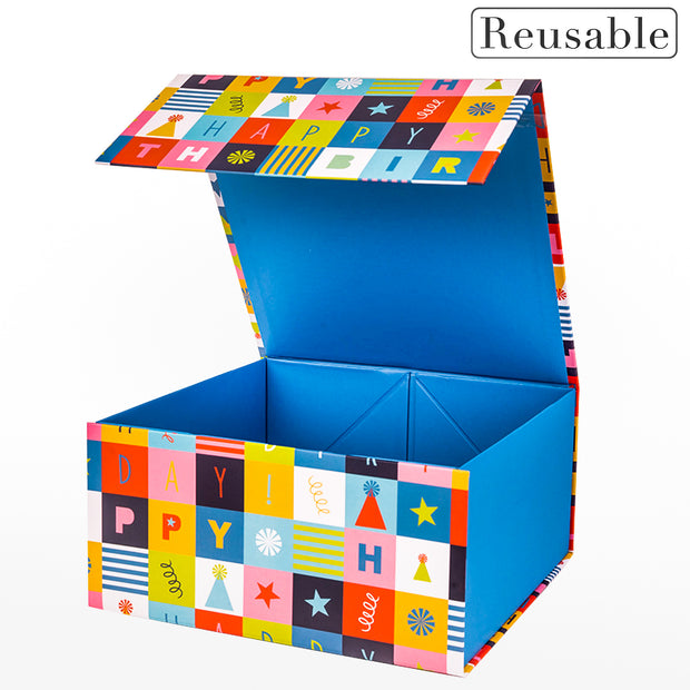 8" x 8" x 4" Irregular Square Color Blocking Collapsible Magnetic Gift Box - 2 Pcs Tissue Paper