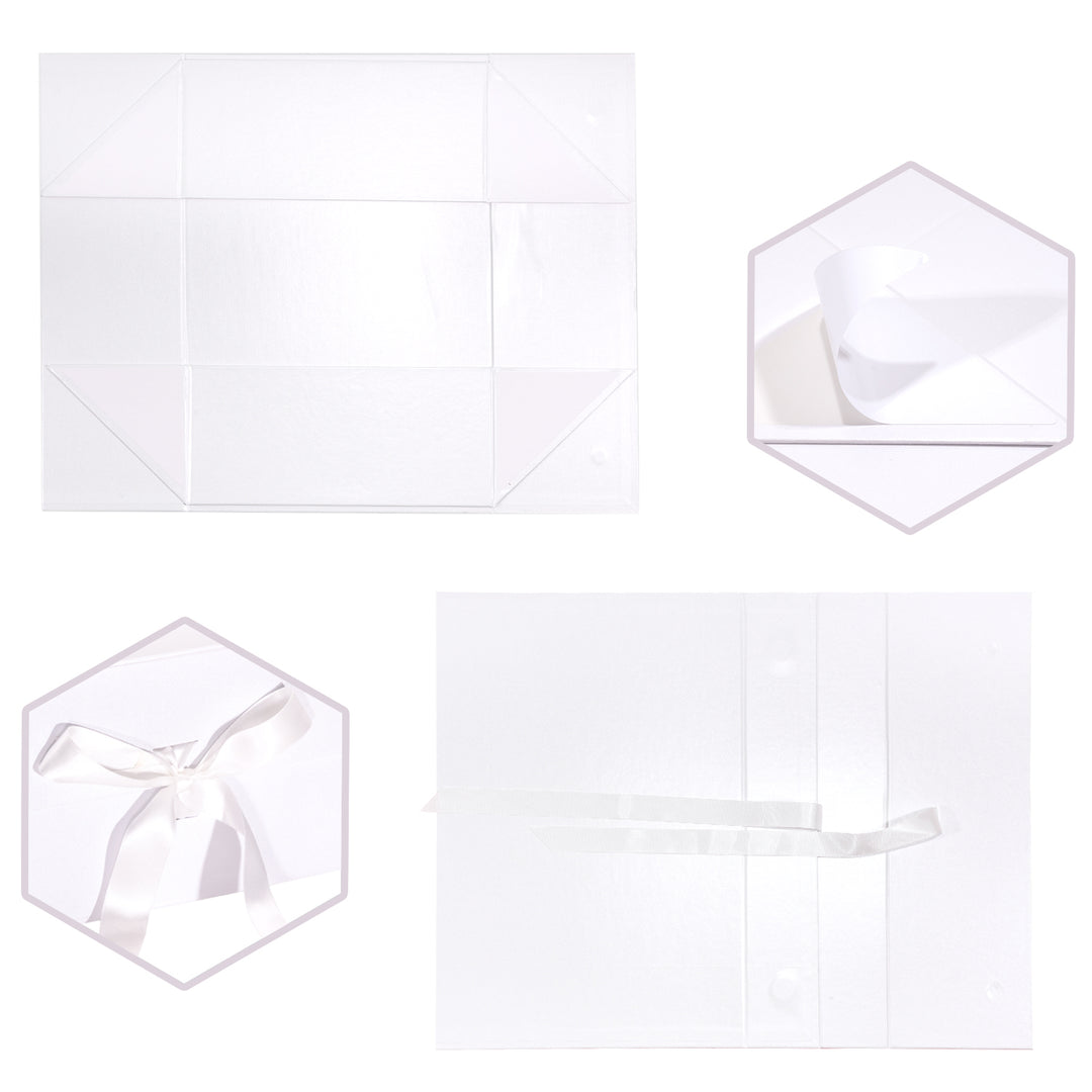 14" x 9" x 4.3" Collapsible Gift Box w/ Satin Ribbon & Magnetic Square Flap Lid - White