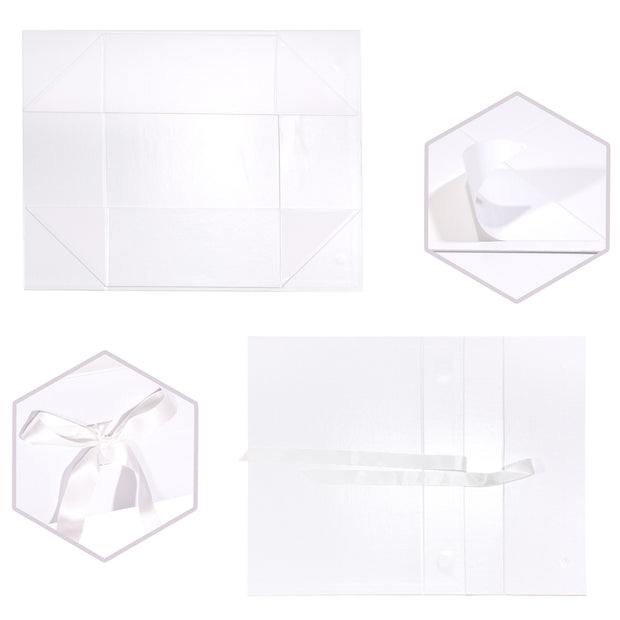 14" x 9" x 4.3" Collapsible Gift Box w/ Satin Ribbon & Magnetic Square Flap Lid - White