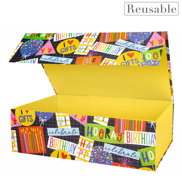 14" x 9" x 4.3" Birthday Design Collapsible Magnetic Gift Box - 2 Pcs Tissue Paper