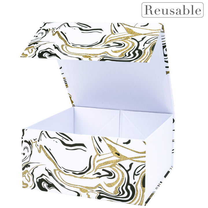 8" x 8" x 4" Collapsible Gift Box w/ 2-pcs White Tissue Paper & Magnetic Square Flap Lid | Glitter Marble