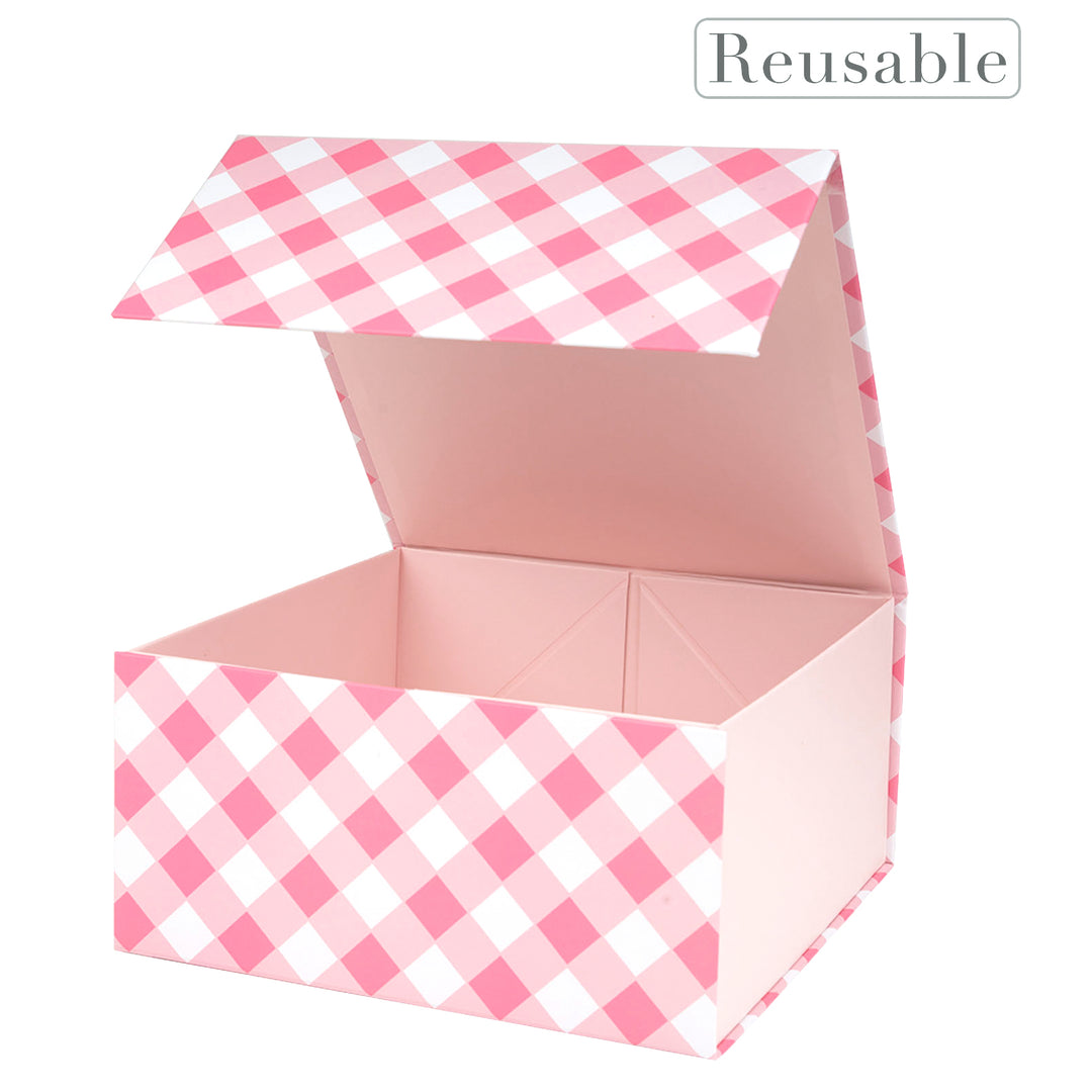 8" x 8" x 4" Light Pink and White Plaid Collapsible Magnetic Gift Box - 2 Pcs Tissue Paper