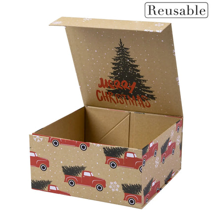 8" x 8" x 4" Collapsable Holiday Gift Box w/ 2-pcs White Tissue Paper & Magnetic Square Flap Lid | Red Truck And Christmas Tree LaRibbons and Crafts