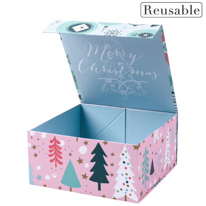 8" x 8" x 4" Collapsable Holiday Gift Box w/ 2-pcs White Tissue Paper & Magnetic Square Flap Lid | Pink And Blue Christmas Ornaments