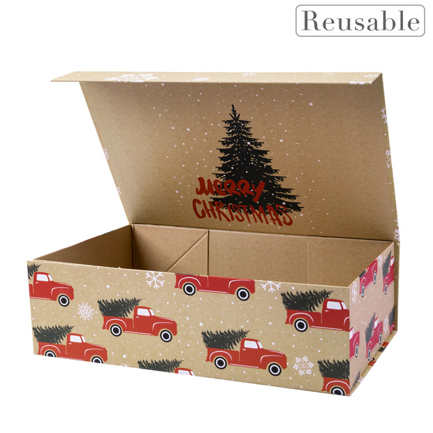 14" x 9" x 4.3" Red Truck with Christmas Tree Holiday Gift Box with Lid and 2 Pcs Tissue Paper