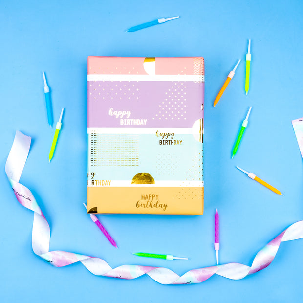Birthday Wrapping Paper Roll - Pastel Rainbow Stripes Design - 30 inch x 16.5 feet Roll