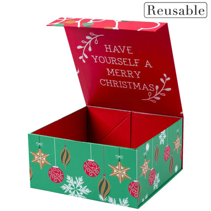 8" x 8" x 4" Collapsable Holiday Gift Box w/ 2-pcs White Tissue Paper & Magnetic Square Flap Lid | Red/Green Christmas Ornaments LaRibbons and Crafts
