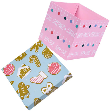 9" x 9" x 9" Collapsable Holiday Gift Box w/ 2-pcs White Tissue Paper & Removable Lid | "Christmas Ornaments" Pink/Blue LaRibbons and Crafts