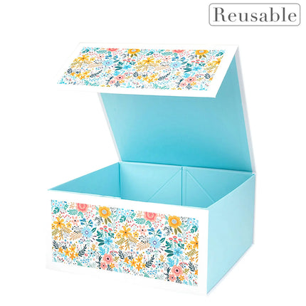 8" x 8" x 4" Yellow Floral Collapsible Magnetic Gift Box - 2 Pcs Tissue Paper LaRibbons and Crafts
