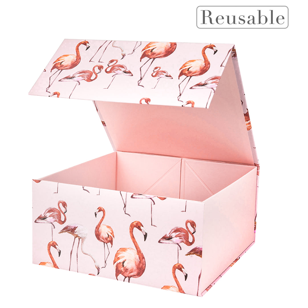 8" x 8" x 4"  Flamingo Collapsible Magnetic Gift Box - 2 Pcs Tissue Paper