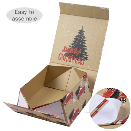 8" x 8" x 4" Collapsable Holiday Gift Box w/ 2-pcs White Tissue Paper & Magnetic Square Flap Lid | Red Truck And Christmas Tree LaRibbons and Crafts