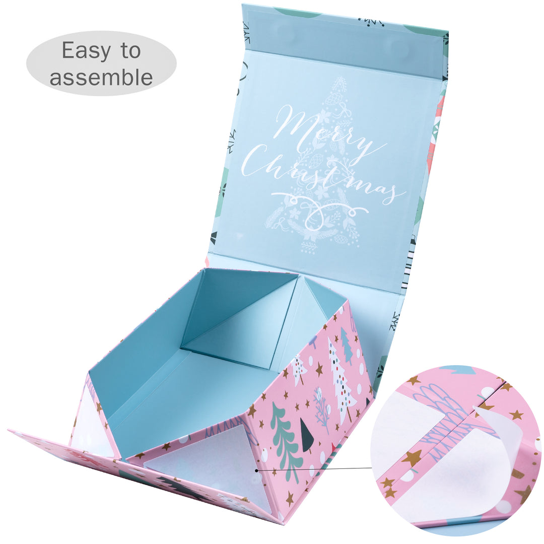 8" x 8" x 4" Collapsable Holiday Gift Box w/ 2-pcs White Tissue Paper & Magnetic Square Flap Lid | Pink And Blue Christmas Ornaments