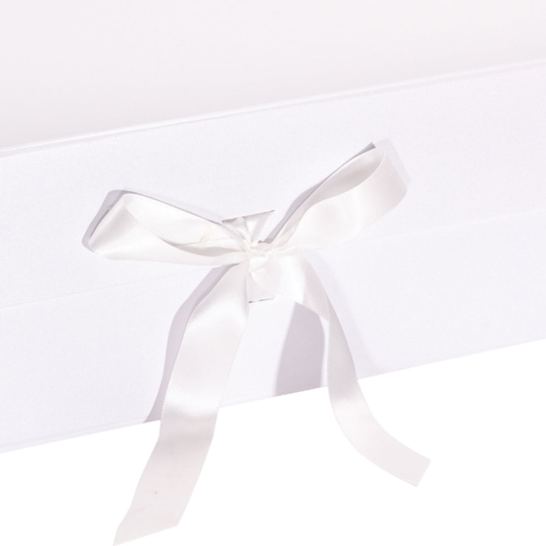 14" x 9" x 4.3" Collapsible Gift Box w/ Satin Ribbon & Magnetic Square Flap Lid - White