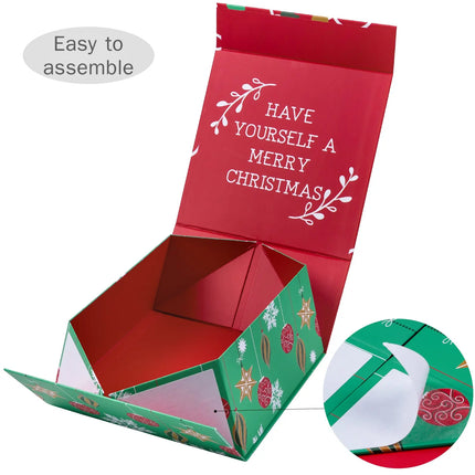 8" x 8" x 4" Collapsable Holiday Gift Box w/ 2-pcs White Tissue Paper & Magnetic Square Flap Lid | Red/Green Christmas Ornaments LaRibbons and Crafts