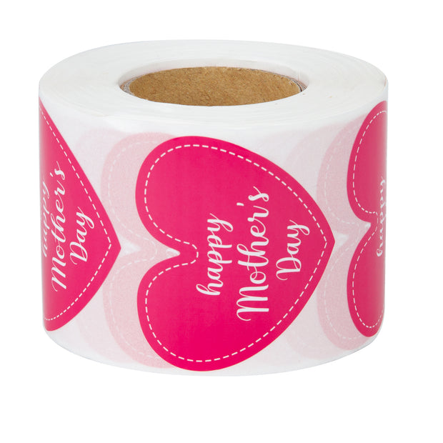 Happy Mother's Day Gift Stickers- Hot Pink Heart Design 1.97 x 2.24 inch 500 Total Labels