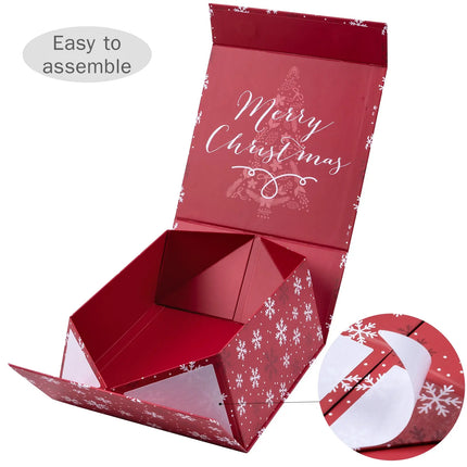 8" x 8" x 4" Collapsable Holiday Gift Box w/ 2-pcs White Tissue Paper & Magnetic Square Flap Lid | Red Snowflake LaRibbons and Crafts
