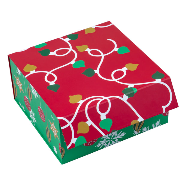 8" x 8" x 4" Collapsable Holiday Gift Box w/ 2-pcs White Tissue Paper & Magnetic Square Flap Lid | Red/Green Christmas Ornaments