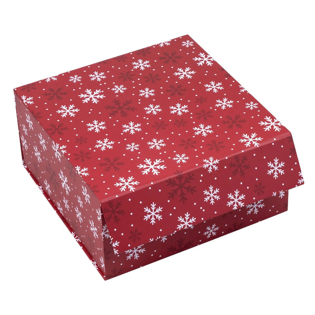 8" x 8" x 4" Collapsable Holiday Gift Box w/ 2-pcs White Tissue Paper & Magnetic Square Flap Lid | Red Snowflake LaRibbons and Crafts