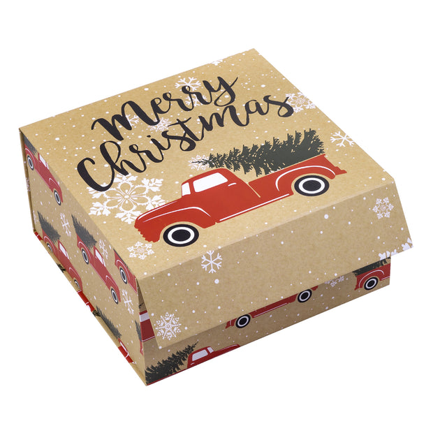 8" x 8" x 4" Red Truck with Christmas Tree Christmas Gift Box with Lid and 2 Pcs Tissue Paper