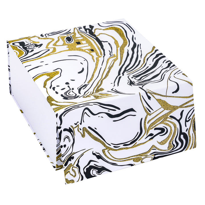 8" x 8" x 4" Collapsible Gift Box w/ 2-pcs White Tissue Paper & Magnetic Square Flap Lid | Glitter Marble