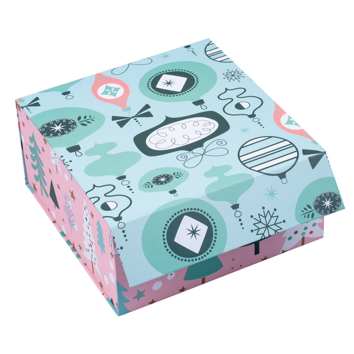 8" x 8" x 4" Collapsable Holiday Gift Box w/ 2-pcs White Tissue Paper & Magnetic Square Flap Lid | Pink And Blue Christmas Ornaments