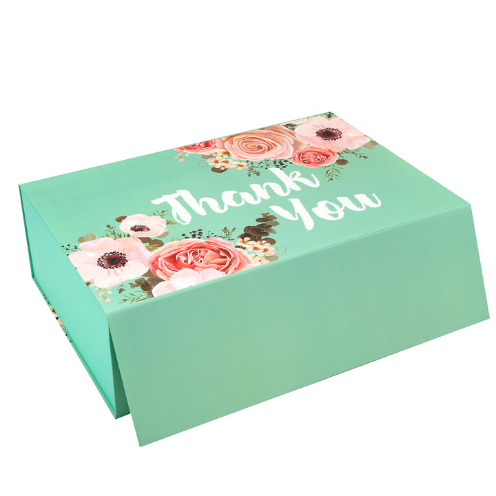 14" x 9" x 4.3"  Floral Thank You Collapsible Magnetic Gift Box - 2 Pcs Tissue Paper